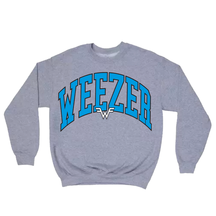 Gray heather sweatshirt featuring bold blue arched ’weezer’ lettering with a white logo underneath.