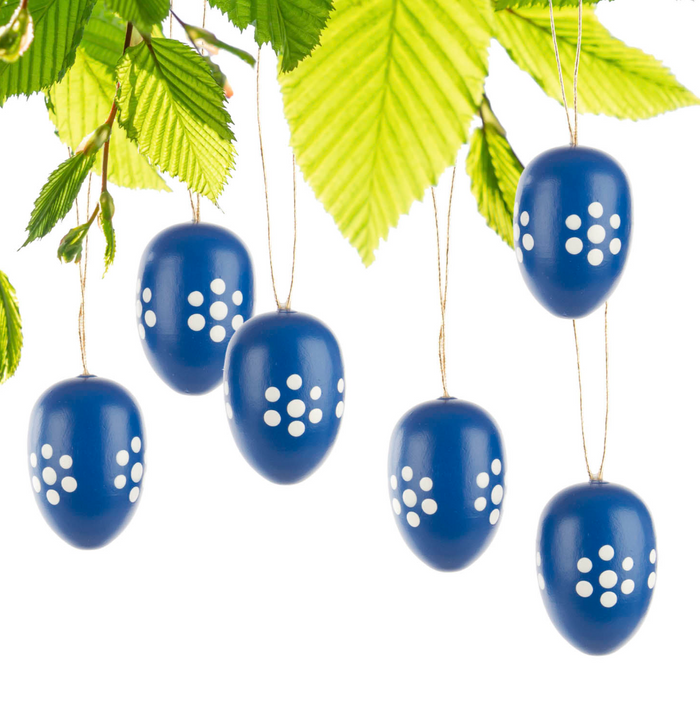Blue and White Wooden Easter Egg Ornaments - Set of 6 / 1" Tall