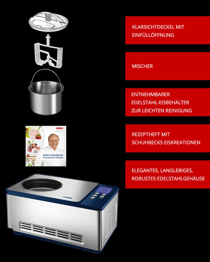Die Unold Eismaschine Schuhbeck Exklusiv 1,5 L B-Ware wird mit transparentem Deckel, Mixer, herausnehmbarem Edelstahlbehรคlter und Rezeptheft geliefert โ alles รผbersichtlich auf schwarzem Hintergrund dargestellt.