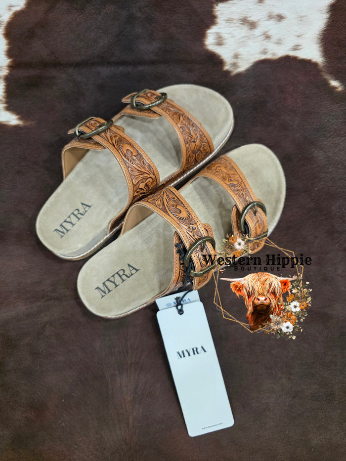 Myra Desert Fern Handtooled Leather Sandals