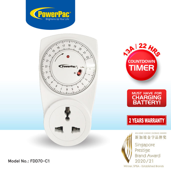 PowerPac Countdown Timer, Timer Plug Socket 22 hrs for 13A Multi Socket (FDD70-C1)