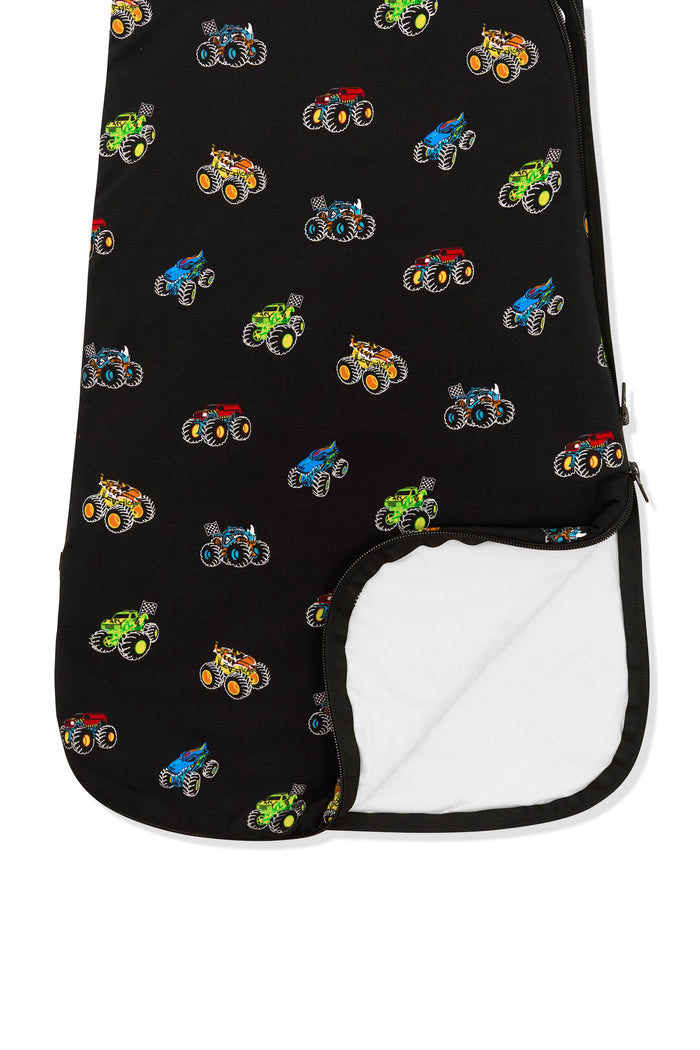 Bottom part of Sleep Bag 1.0 with Monster Truck print on white background