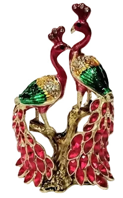 Two Red Peacocks on a Trunk - Bejeweled Trinket Box - TRNK-6176-Red