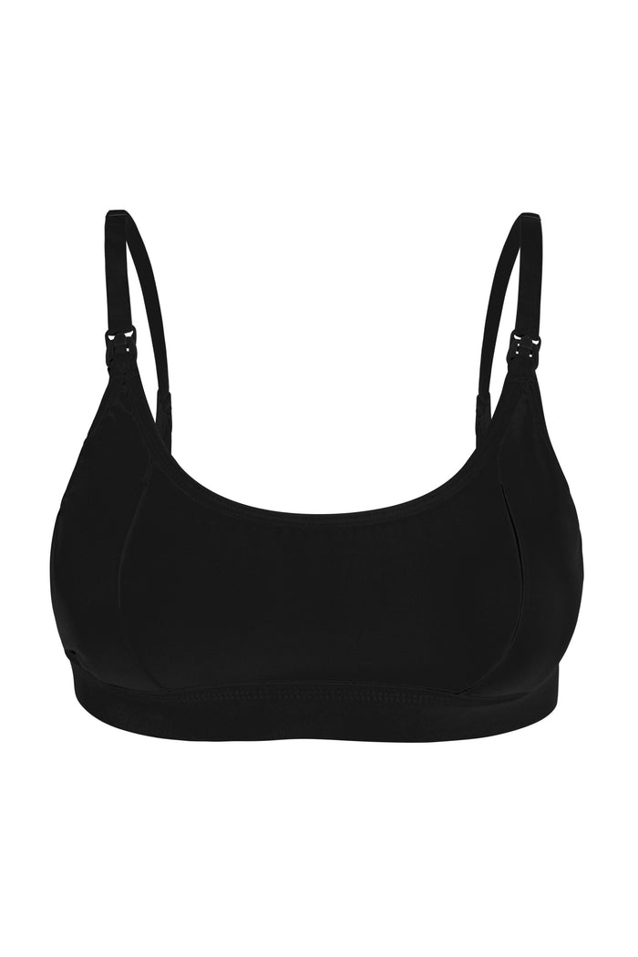 Black bra with pumping openings and clips for nursing