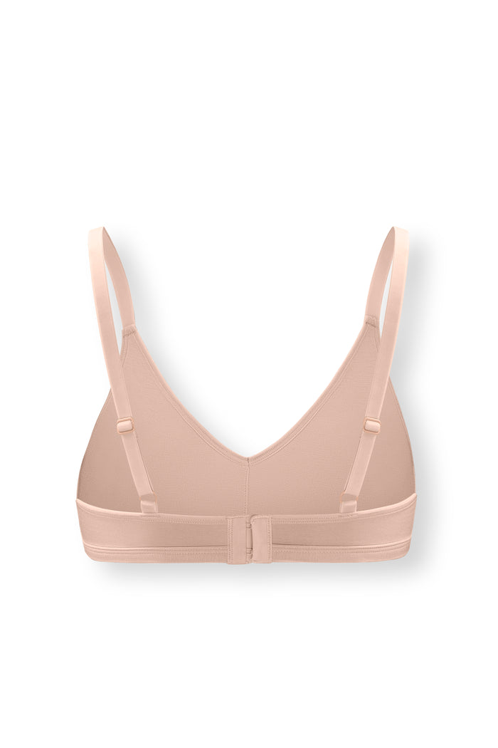 Back side of Women's V-Neck Bra in Chai on white background