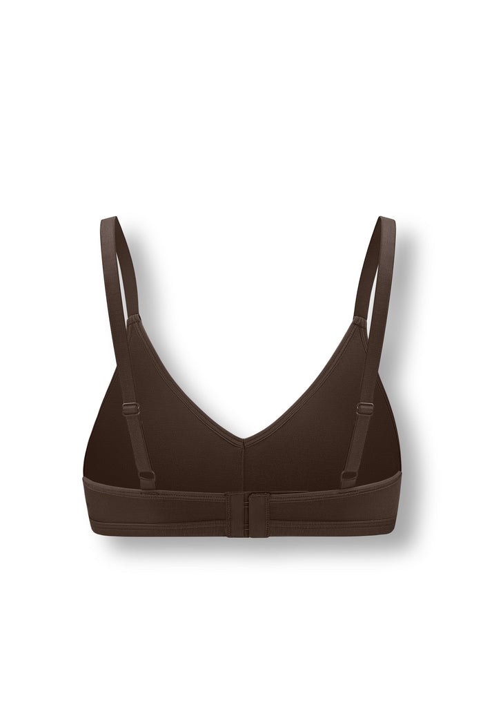 Back side of Women's V-Neck Bra in Toffee on white background