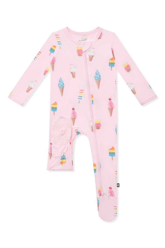 Bottom part of pink Zippered Footie in Ice Cream print of white background