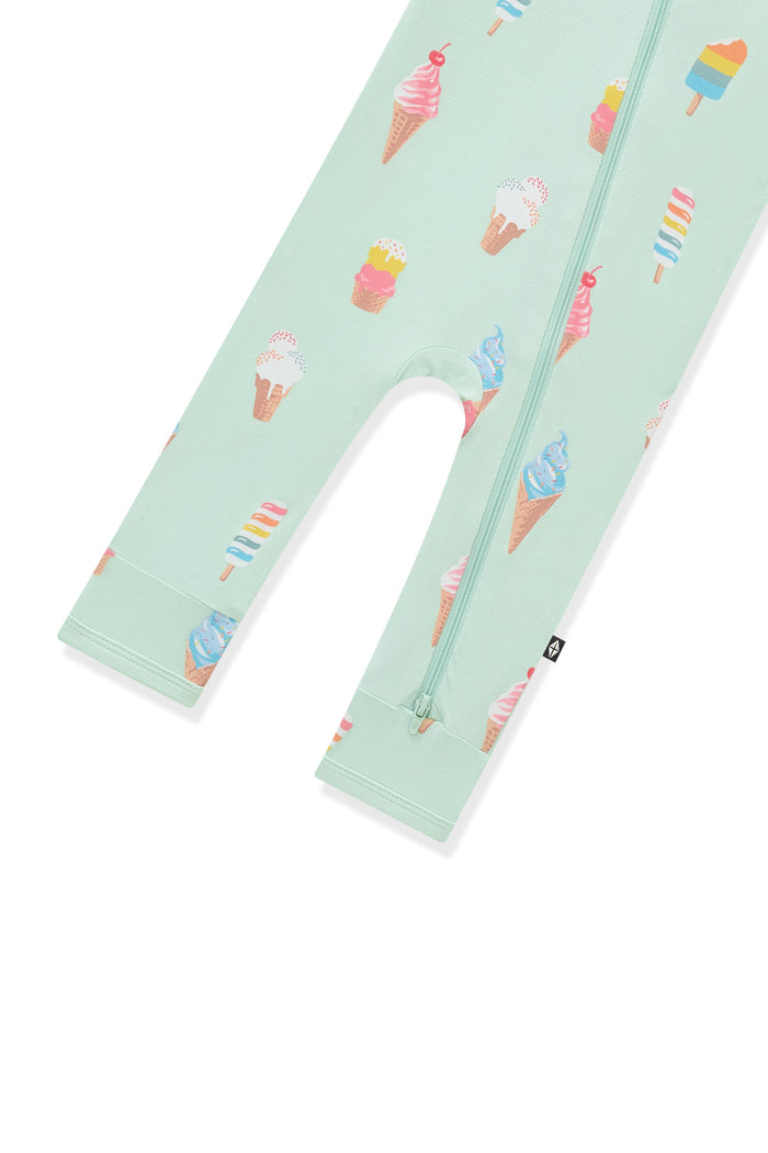 Bottom part of Mint Zippered Romper in Ice Cream print on white background