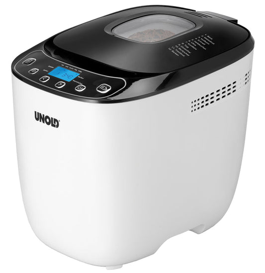 Der Unold AG 680101 Backmeister Design (B-Ware) Brotbackautomat in Weiß und Schwarz, mit Digitalanzeige, Tasten und Sichtfenster oben, ist auf weißem Hintergrund abgebildet.