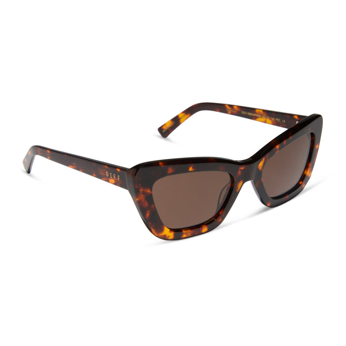 diff eyewear featuring the adriana cateye sunglasses with a rich tortoise acetate frame and brown lenses angled view