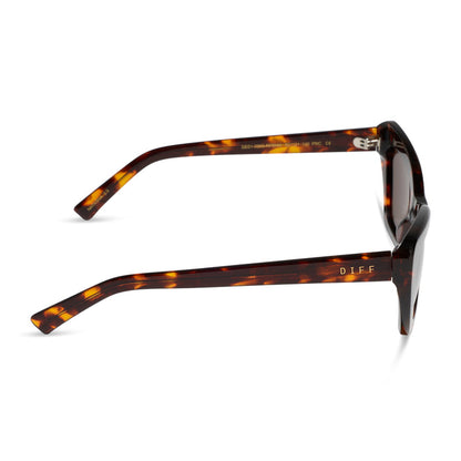 diff eyewear featuring the adriana cateye sunglasses with a rich tortoise acetate frame and brown lenses side view