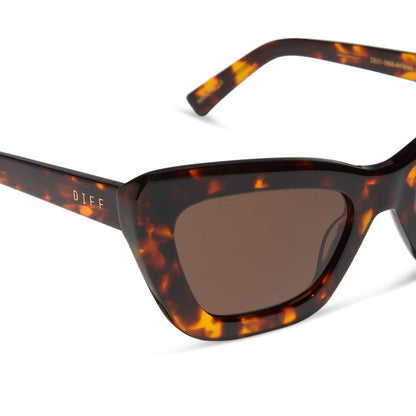 diff eyewear featuring the adriana cateye sunglasses with a rich tortoise acetate frame and brown lenses detailed view