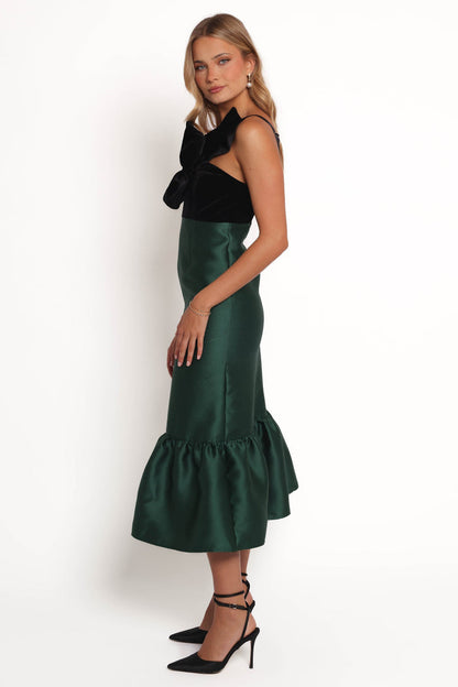 Petal and Pup USA DRESSES Amelie Bow Front One Shoulder Midi Dress - Black/Emerald