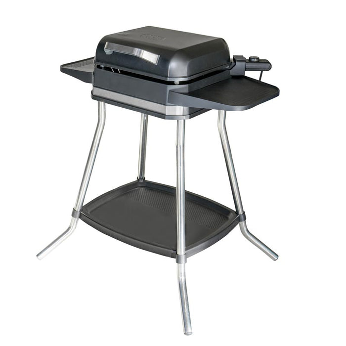 Der Unold BBQ-Stand-/Tischgrill Jimmy ist ein freistehender Elektrogrill in Schwarz und Silber mit geschlossenem Deckel, Seitenablagen, unterer Ablageschale und vier abgewinkelten Metallbeinen.