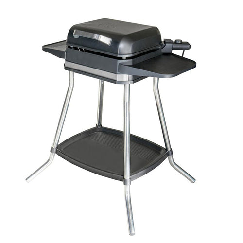 Der Unold BBQ-Stand-/Tischgrill Jimmy ist ein freistehender Elektrogrill in Schwarz und Silber mit geschlossenem Deckel, Seitenablagen, unterer Ablageschale und vier abgewinkelten Metallbeinen.