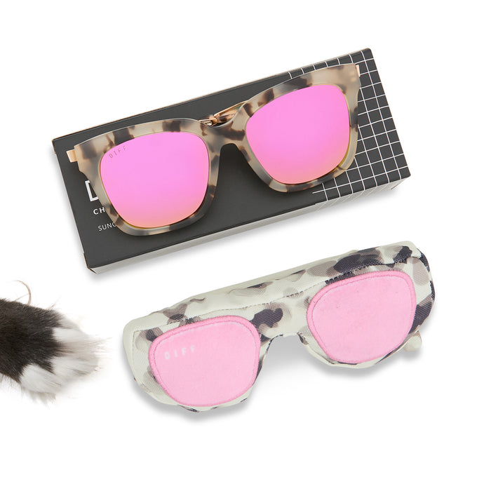 diff eyewear pup box side by side of bella cream tortoise with pink lenses and pup box toy