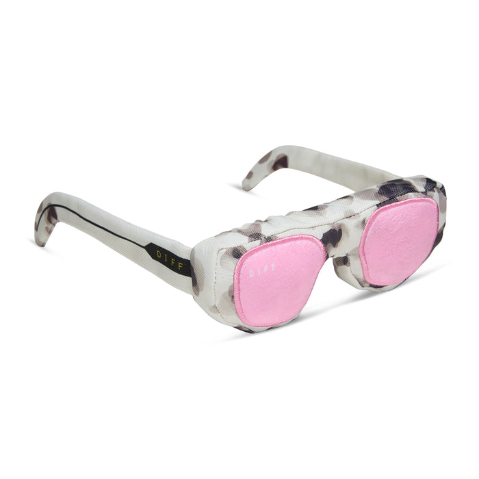 diff eyewear pup box toy of bella square sunglasses with a cream tortoise frame and pink mirrored lenses angled view