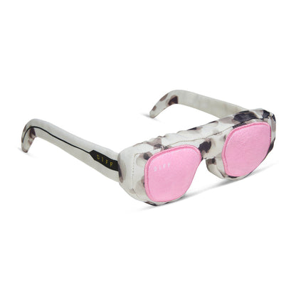 diff eyewear pup box toy of bella square sunglasses with a cream tortoise frame and pink mirrored lenses angled view