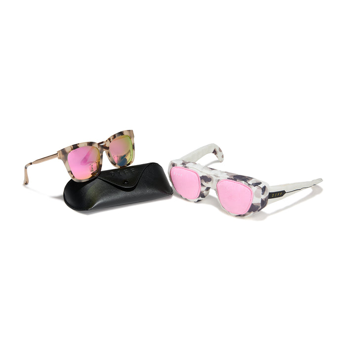 diff eyewear x pup box with the bella square sunglasses and the similar looking pup box toy