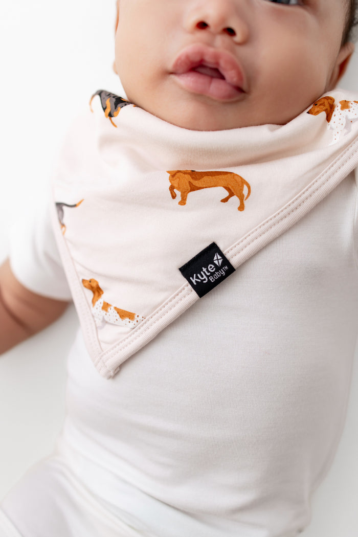 Close up of Beige Bib with Dachshund print worn by baby over white bodysuit on a white background