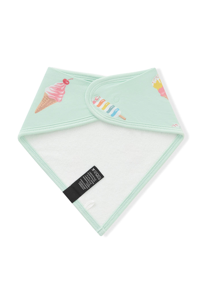 Back side of Mint Bib in Ice Cream print on white background