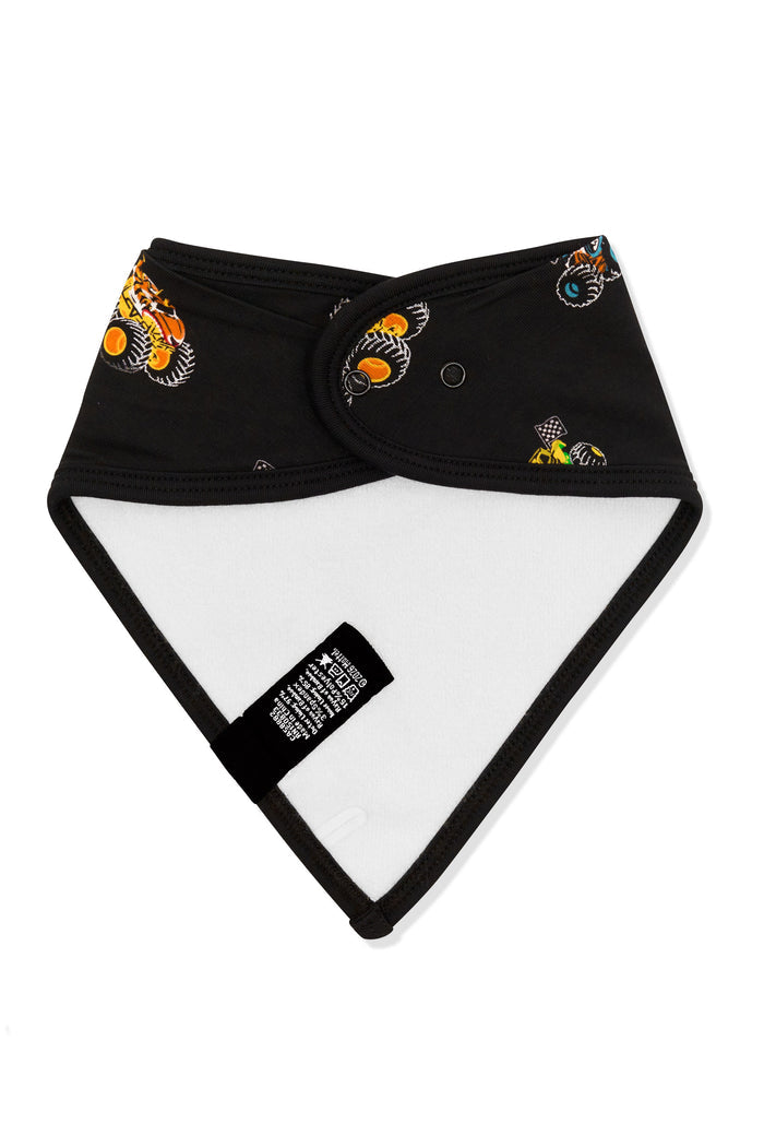 Back side of Bib in Monster Truck print on white background