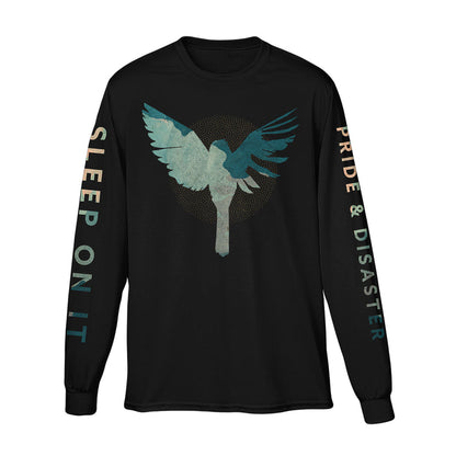 This black Sleep On It Comfort Colors long-sleeve tee features a bold blue and teal winged bird on the front, "SLEEP ON IT" down the left sleeve, and "PRIDE & DISASTER" in colorful letters on the right.