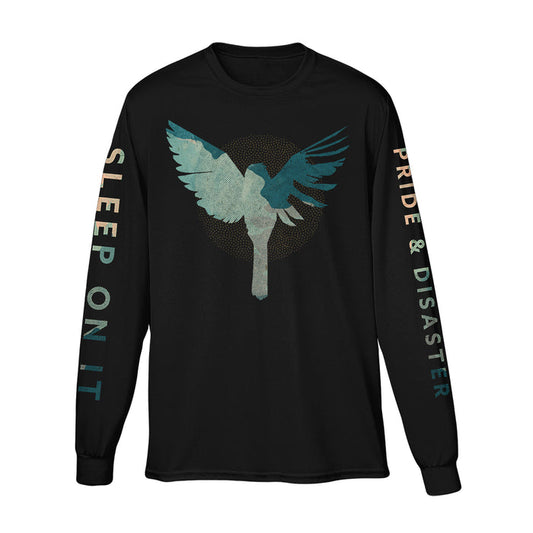 This black Sleep On It Comfort Colors long-sleeve tee features a bold blue and teal winged bird on the front, "SLEEP ON IT" down the left sleeve, and "PRIDE & DISASTER" in colorful letters on the right.