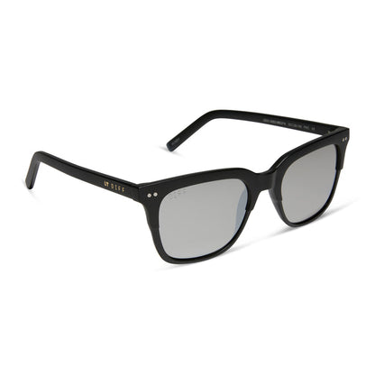 diff eyewear bobby square sunglasses with a matte black frame and grey mirror lenses angled view
