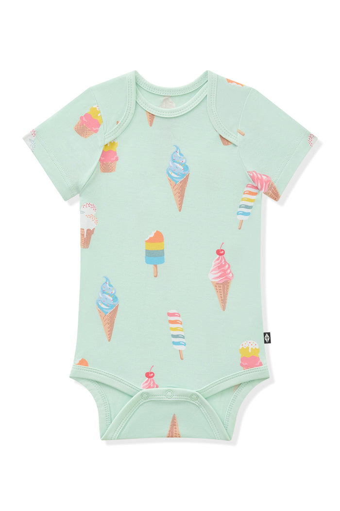 Green Bodysuit with Ice Cream print on it on white background