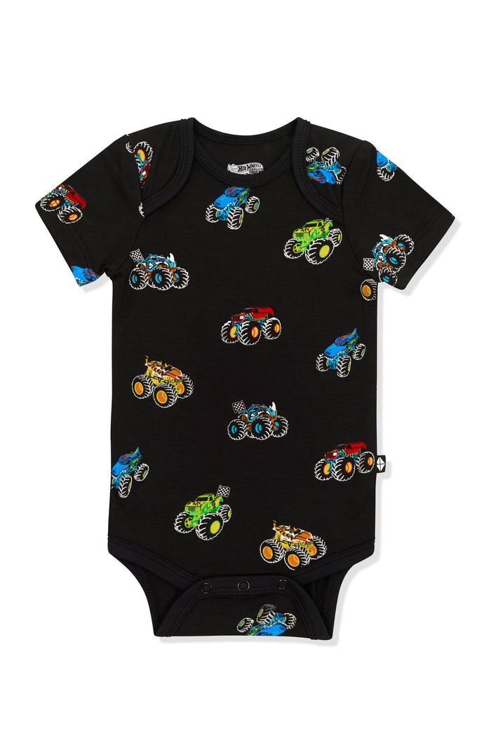 Bodysuit in Monster Truck print on white background