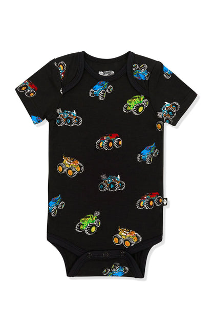 Bodysuit in Monster Truck print on white background