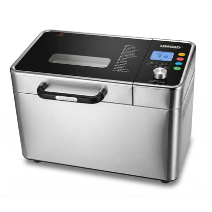 Der Unold Brotbackautomat BackProfi Nussspender inkl.. Rezeptheft ist ein Edelstahl-Brotbackautomat mit schwarzem Deckel, Sichtfenster, Digitalanzeige, Programmtasten und einem Frontgriff.