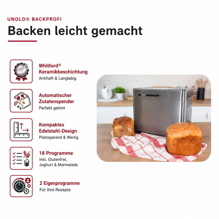 Der Unold Brotbackautomat BackProfi Nussspender inkl.. Rezeptheft steht auf der Theke neben zwei Broten auf einem rot-karierten Tuch. Er verfügt über eine Keramikbeschichtung, einen automatischen Nussspender, kompaktes Design, 16 Programme und 2 anpassbare Optionen.