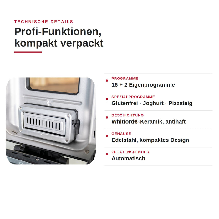 Der Unold Brotbackautomat BackProfi Nussspender inkl.. Rezeptheft verfügt über 16+2 Programme, glutenfreie, Joghurt- und Pizza-Optionen, eine keramische Antihaftbeschichtung, ein Gehäuse aus Edelstahl und einen automatischen Nussspender.