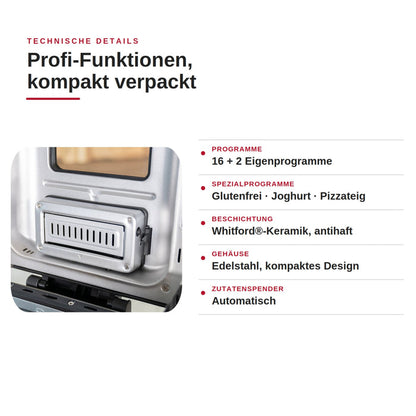 Der Unold Brotbackautomat BackProfi Nussspender inkl.. Rezeptheft verfügt über 16+2 Programme, glutenfreie, Joghurt- und Pizza-Optionen, eine keramische Antihaftbeschichtung, ein Gehäuse aus Edelstahl und einen automatischen Nussspender.