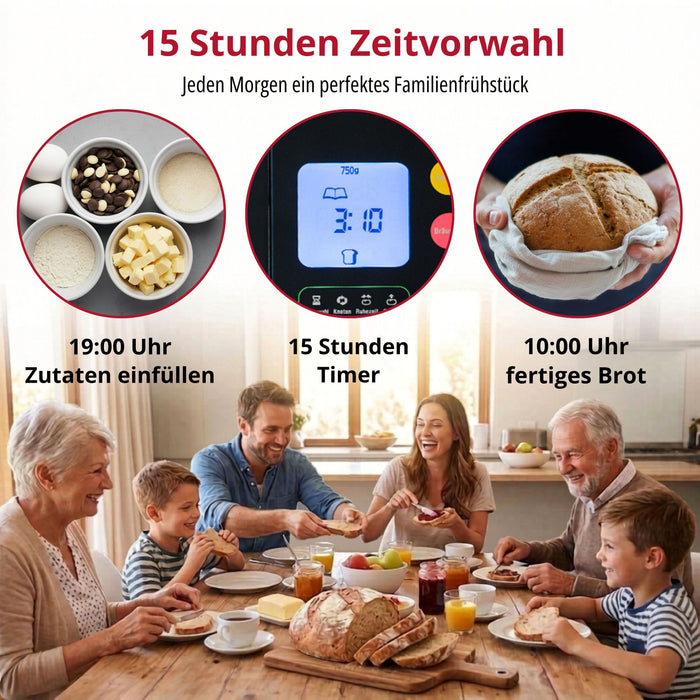 Eine Mehrgenerationen-Familie genießt das gemeinsame Frühstück. Die Bilder oben zeigen die Zutaten für das Brot, den Unold Brotbackautomat BackProfi Nussspender mit seinem 15-Stunden-Timer, einen frischen Laib und einen deutschen Text, der den Backvorgang anhand des mitgelieferten Rezeptbuchs beschreibt.