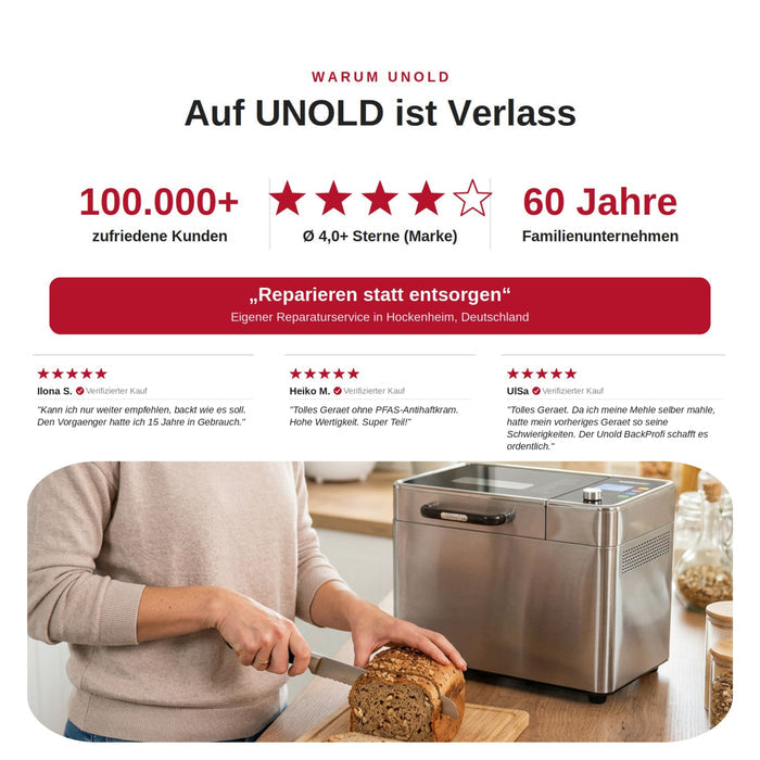 Eine Person schneidet frisches Brot neben dem Unold Brotbackautomat BackProfi Nussspender inkl.. Rezeptheft, das die 60-jährige Zuverlässigkeit von Unold, die mehr als 100.000 zufriedenen Kunden und die vielen positiven Bewertungen zeigt.