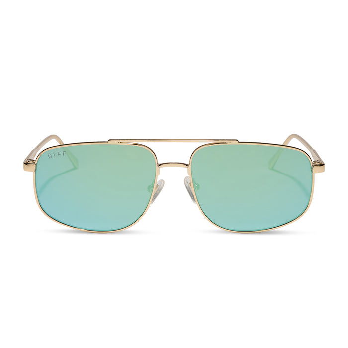 diff eyewear charley navigator sunglasses with a gold metal frame and dew drop blue mirrored lenses front view
