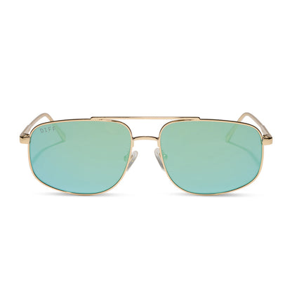 diff eyewear charley navigator sunglasses with a gold metal frame and dew drop blue mirrored lenses front view