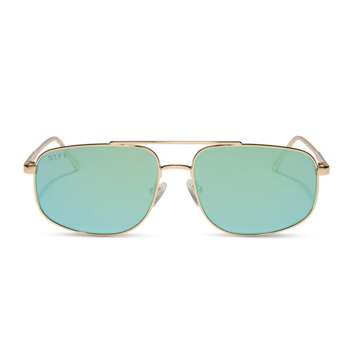 diff eyewear charley navigator sunglasses with a gold metal frame and dew drop blue mirrored lenses front view