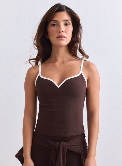 Chocolate brown aim'n Sense Contour Singlet with white contrast trim and thin straps. [S-165cm]