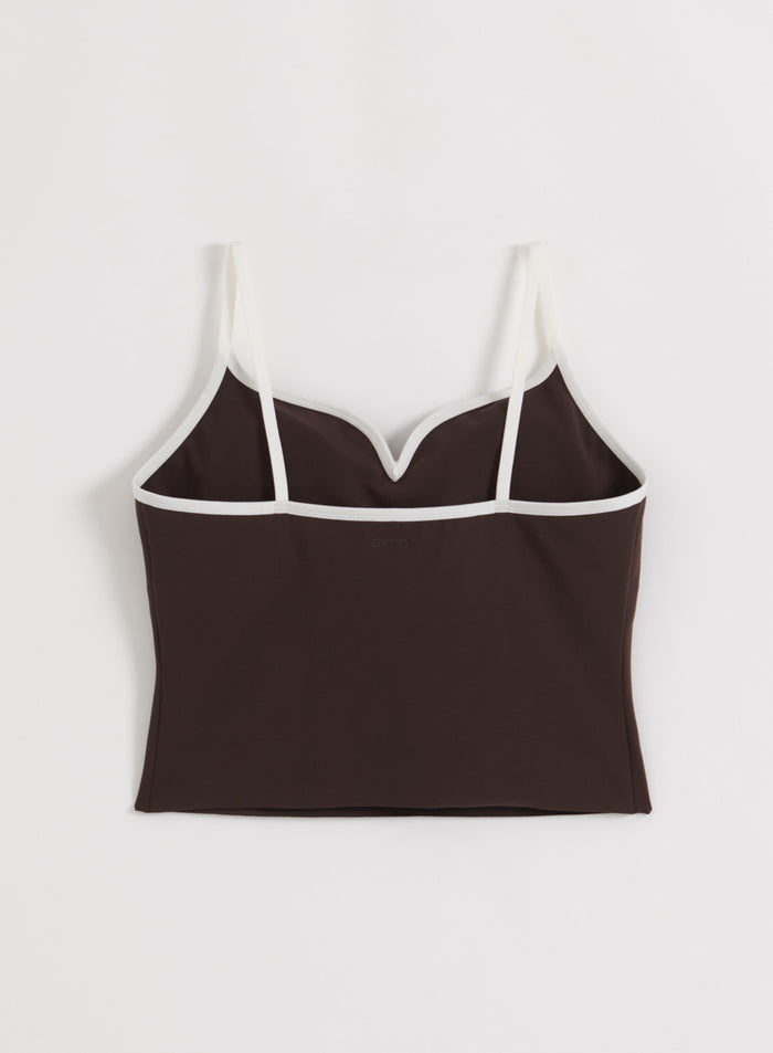 Chocolate Sense Contour Singlet with white contrast trim and thin straps, featuring a second skin feel by aim'n.