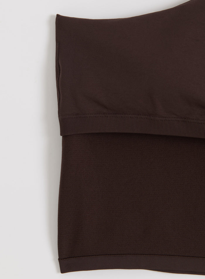 Close-up flatlay of the chocolate aim'n Shape Seamless One Shoulder Bralette showing ribbed texture.