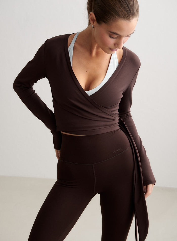 Chocolate brown seamless wrap long sleeve top with adjustable ties by aim'n [S-174cm]