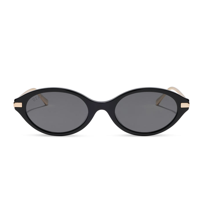 diff eyewear claudine oval sunglasses with a black acetate frame, gold metal temples and grey polarized lenses front view