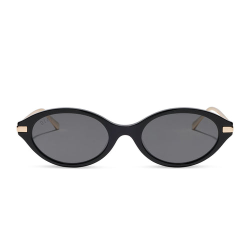 diff eyewear claudine oval sunglasses with a black acetate frame, gold metal temples and grey polarized lenses front view