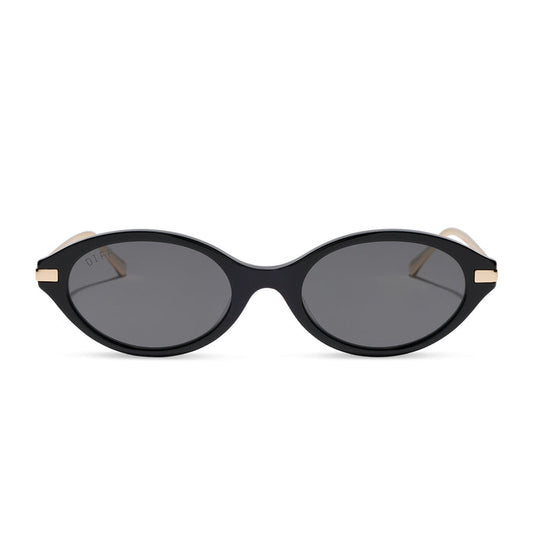 diff eyewear claudine oval sunglasses with a black acetate frame, gold metal temples and grey polarized lenses front view