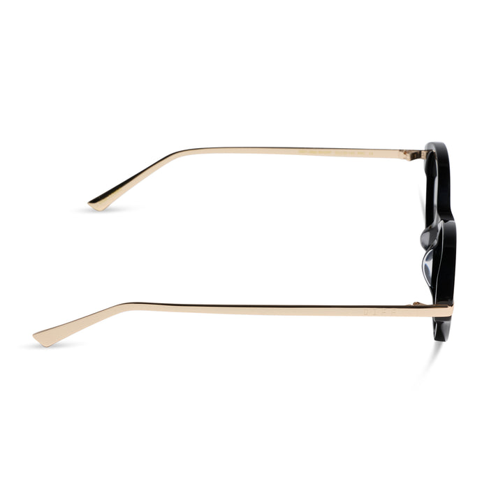diff eyewear claudine oval sunglasses with a black acetate frame, gold metal temples and grey polarized lenses side view