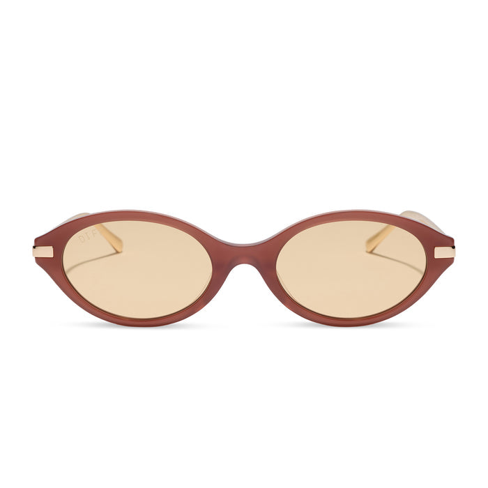 diff eyewear claudine oval sunglasses with a terracotta brown acetate frame, gold metal temples and champagne yellow tint lenses front view